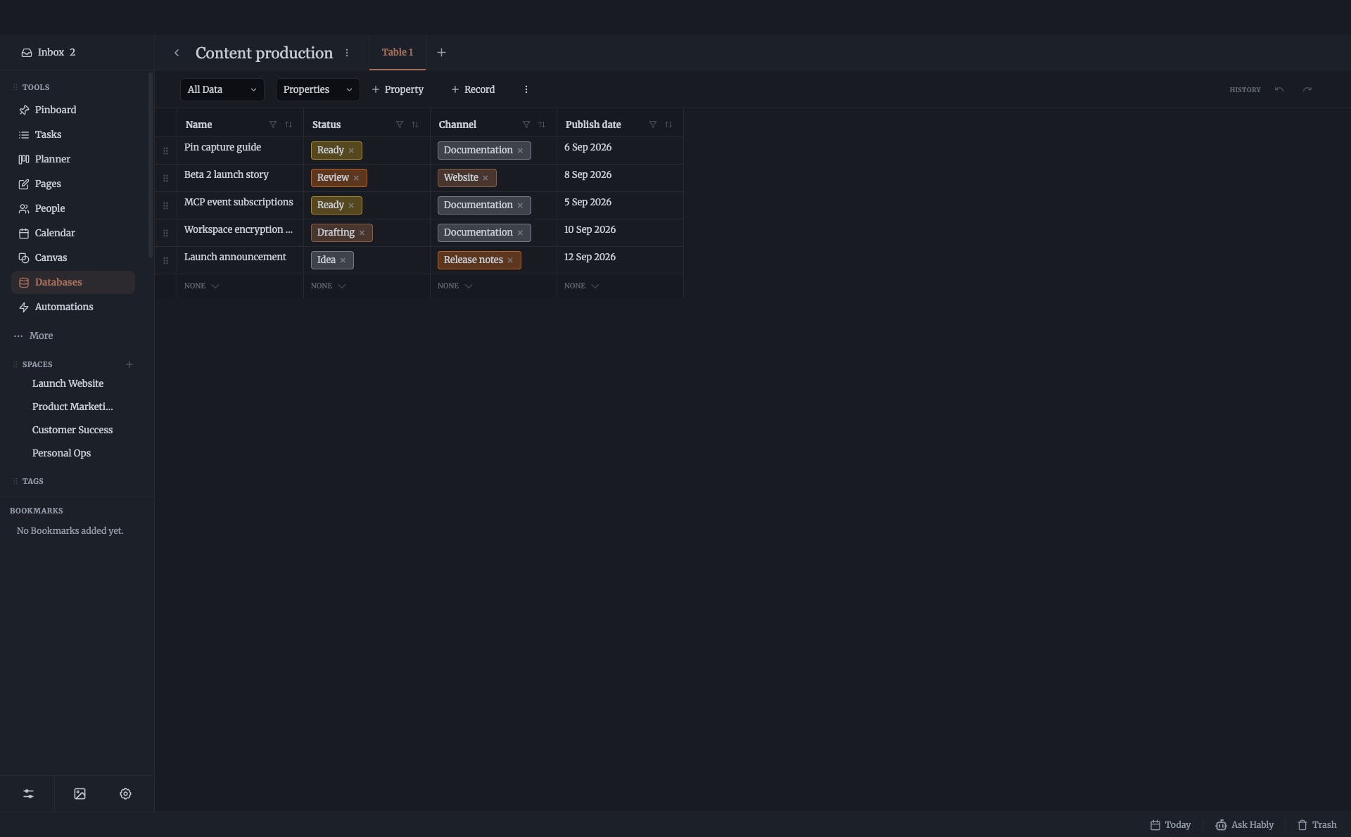 A content production database with records, properties, statuses and dates