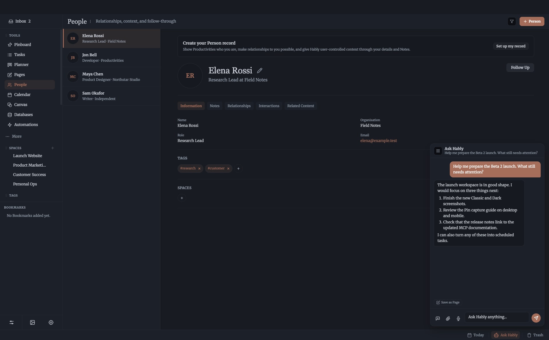 Hably assistant working with Productivities workspace context