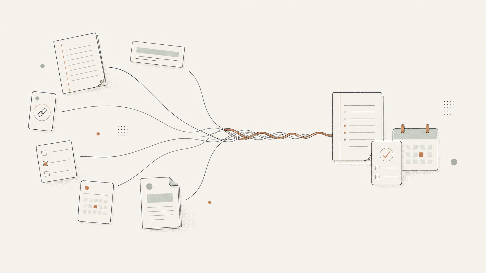 Separate notes, highlights, links, tasks, calendar items and research joining one connected working thread